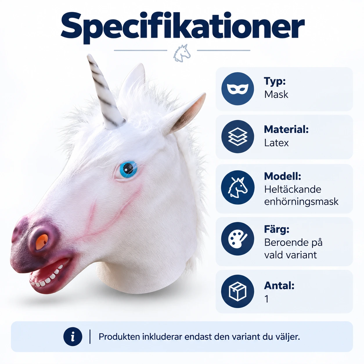 Vit Enhörning Latexmask med Horn