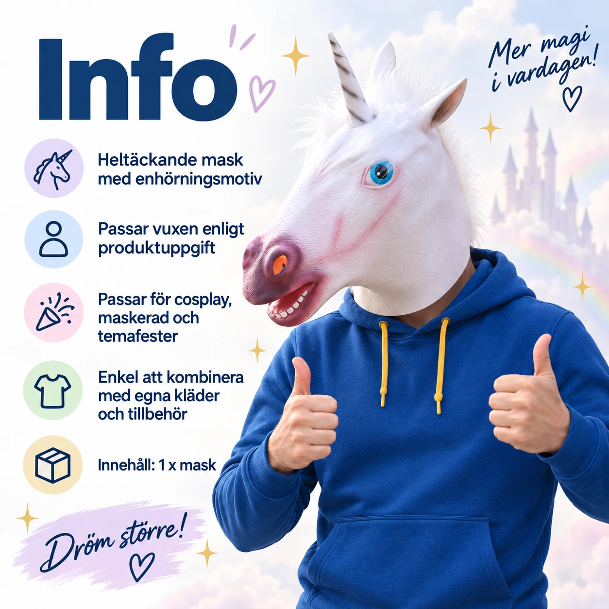 Vit Enhörning Latexmask med Horn