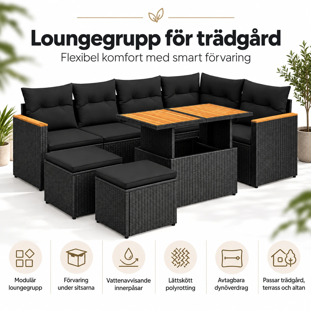 Loungegrupp för trädgård med förvaring och dynor