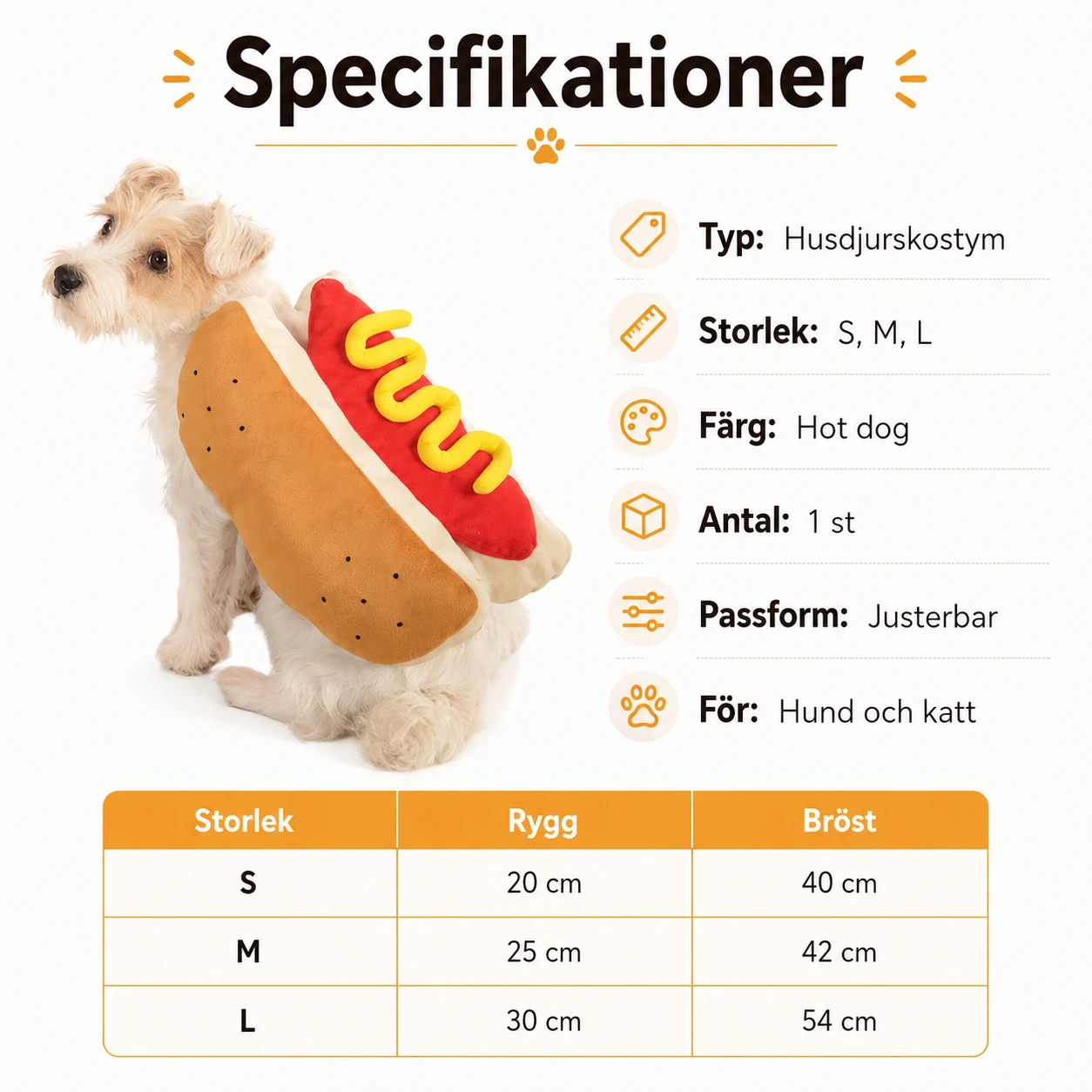 Hotdogdräkt för hund och katt i flera storlekar