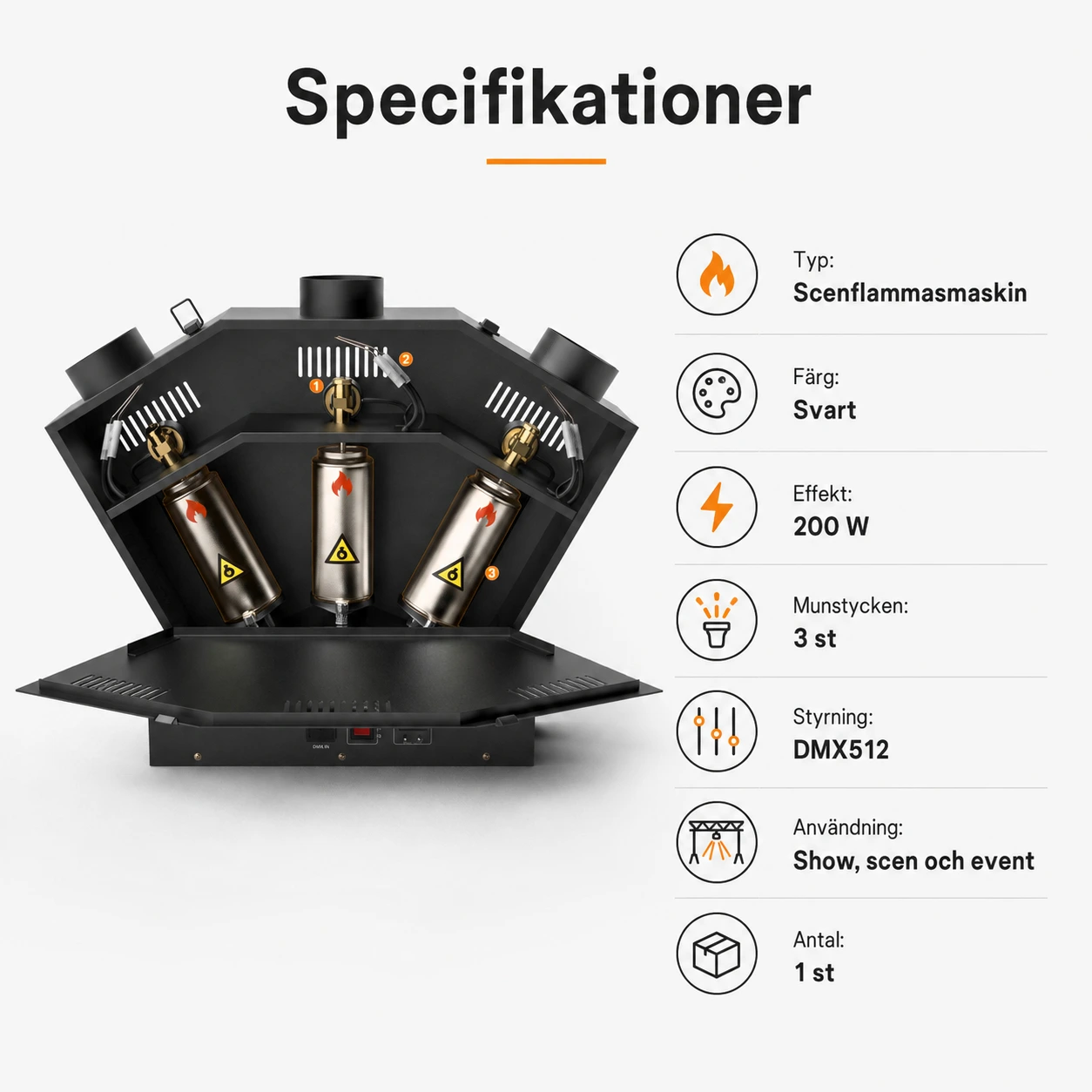 Scenflammasmaskin med tre munstycken och DMX512