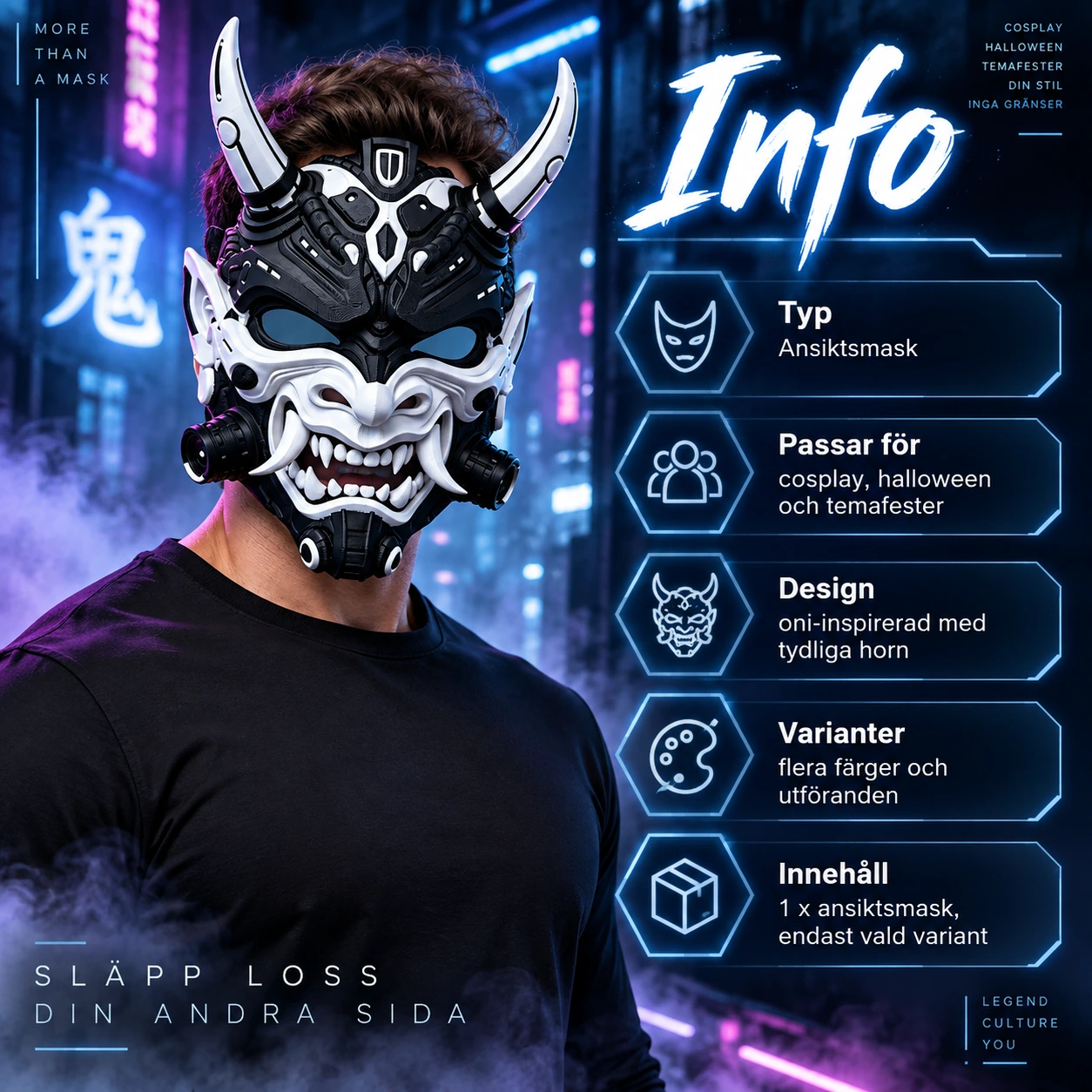 Futuristisk Cyberpunk Oni-Sammuraimask med Horn