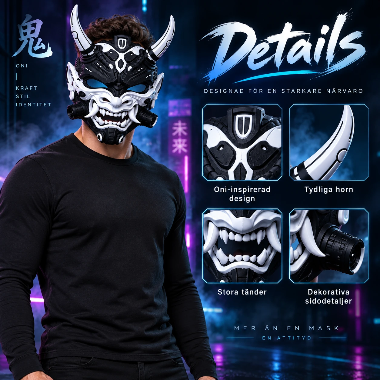 Futuristisk Cyberpunk Oni-Sammuraimask med Horn