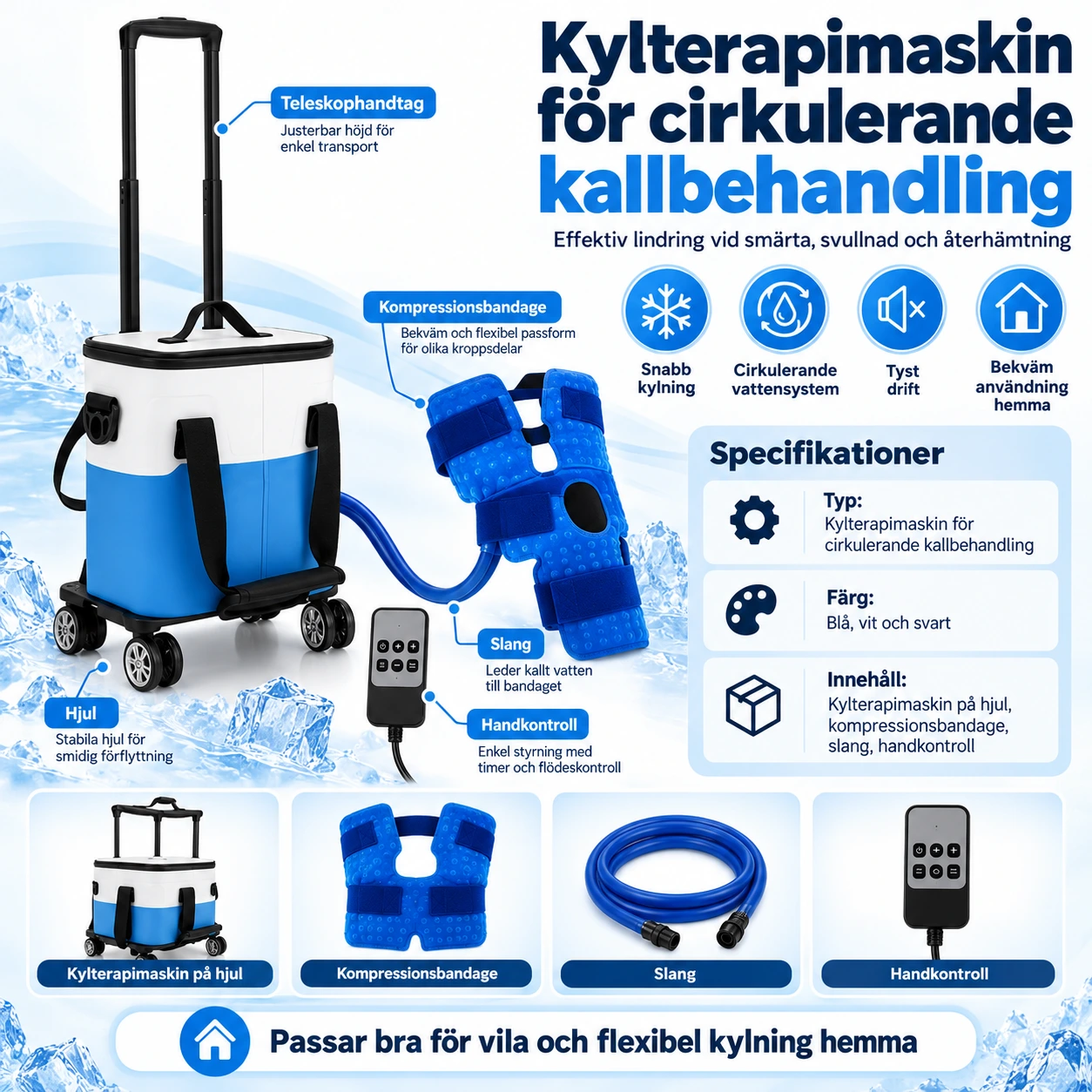 Kylterapimaskin med kompressionsbandage och teleskophandtag