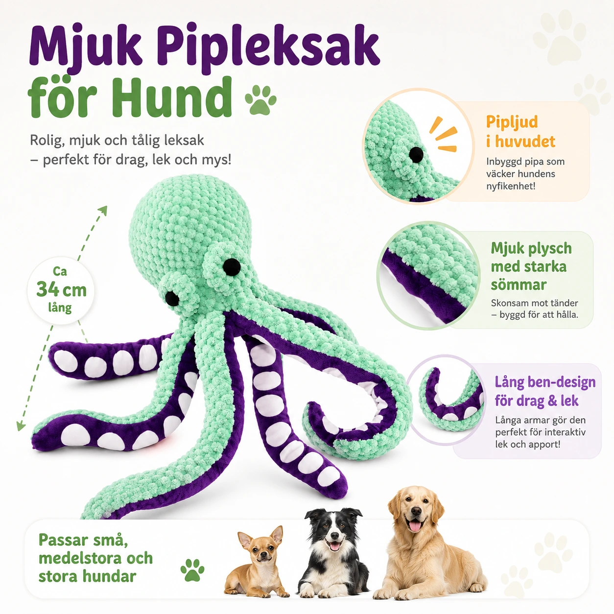 Hundleksak Bläckfisk – Mjuk Pipleksak för Hund