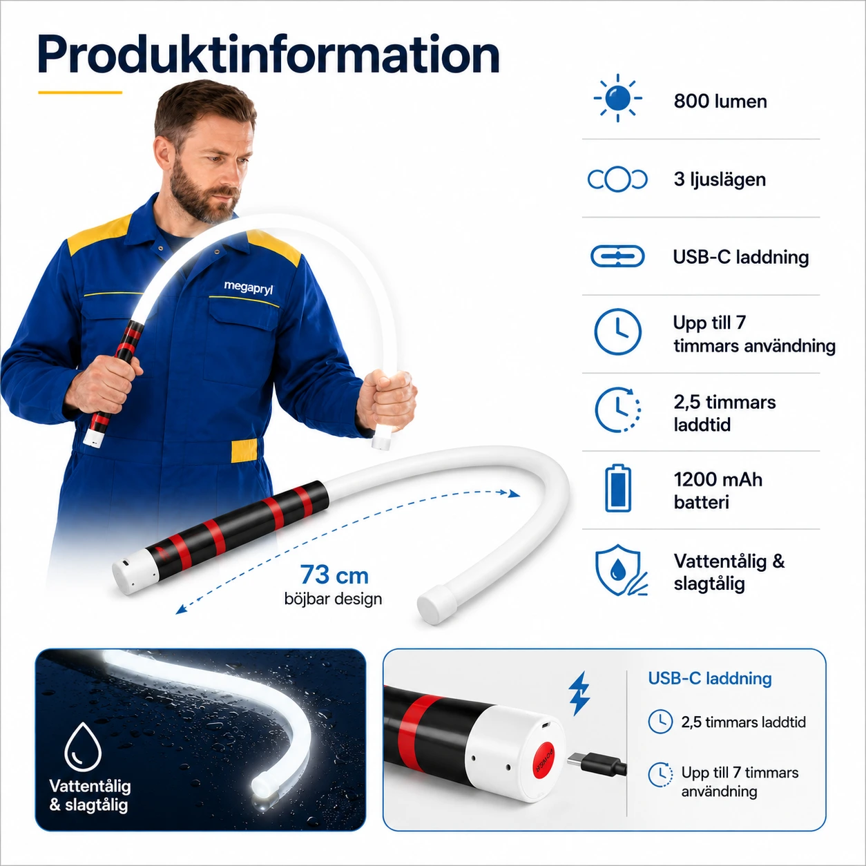 Arbetslampa LED 73 cm – Böjbar och Uppladdningsbar