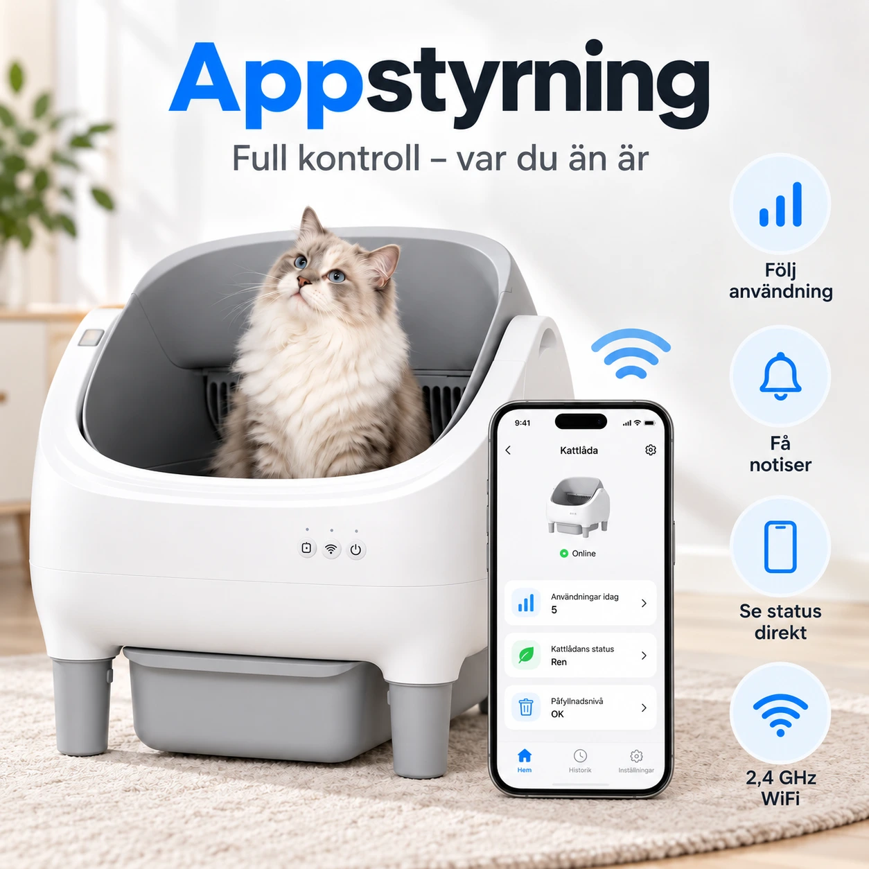 Självrengörande kattlåda med app och öppen design