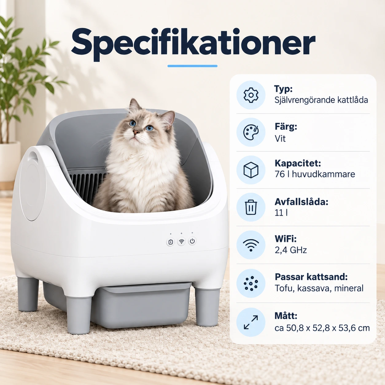 Självrengörande kattlåda med app och öppen design