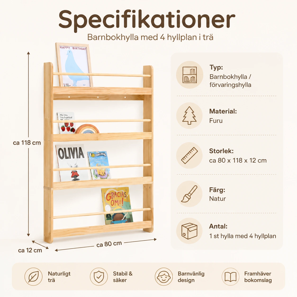 Barnbokhylla med 4 hyllplan i trä