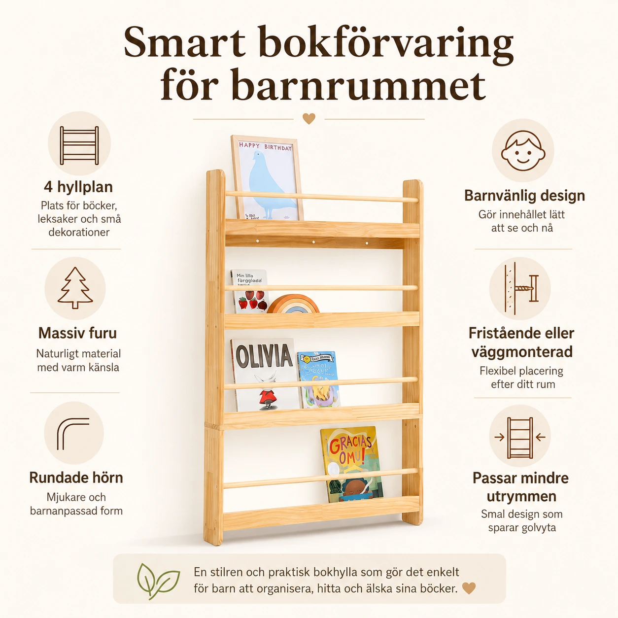 Barnbokhylla med 4 hyllplan i trä