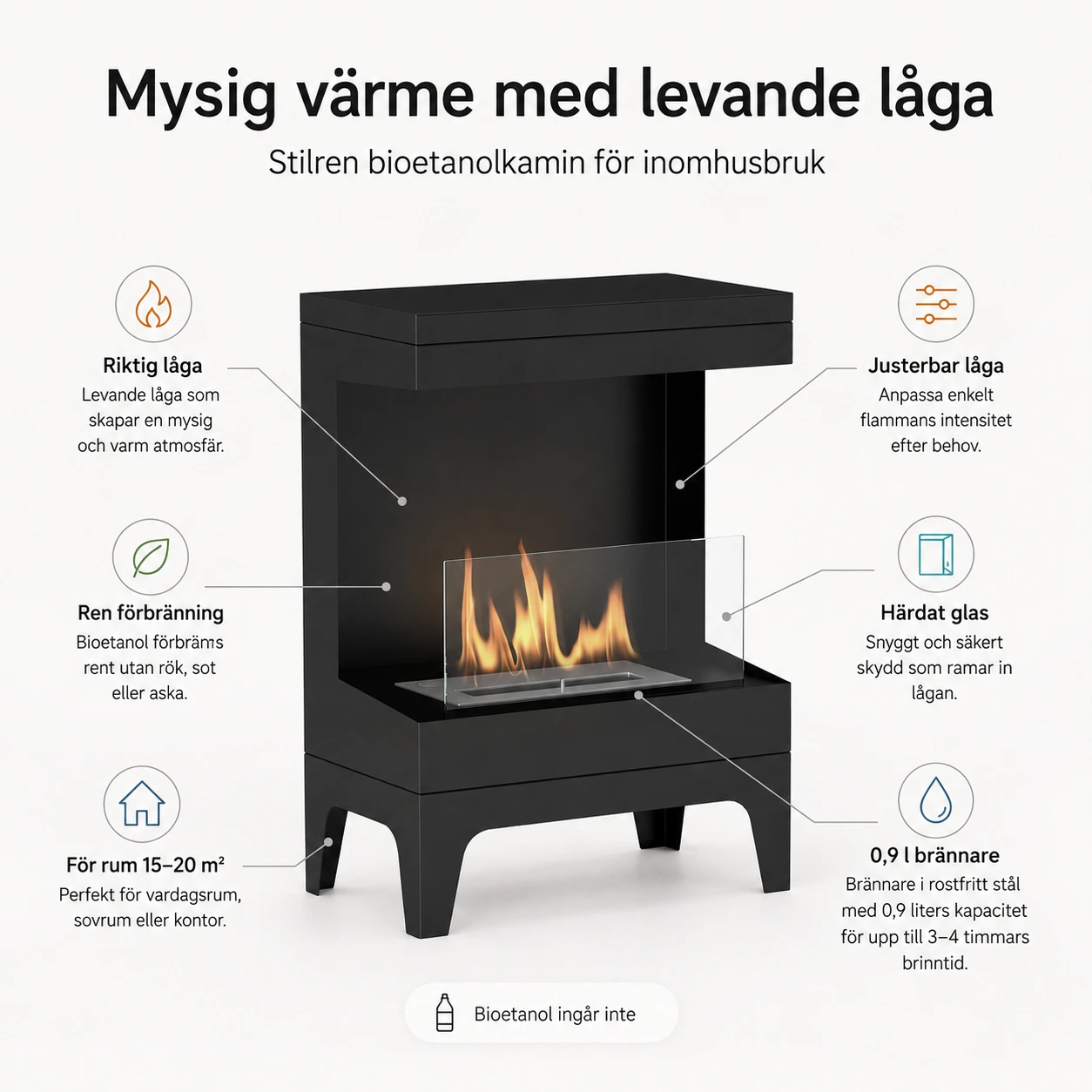 Vapaasti seisova bioetanolitakka sisäkäyttöön 0,9 l musta