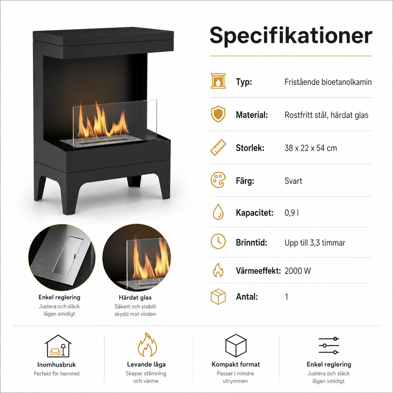 Fristående bioetanolkamin för inomhusbruk 0,9 l svart