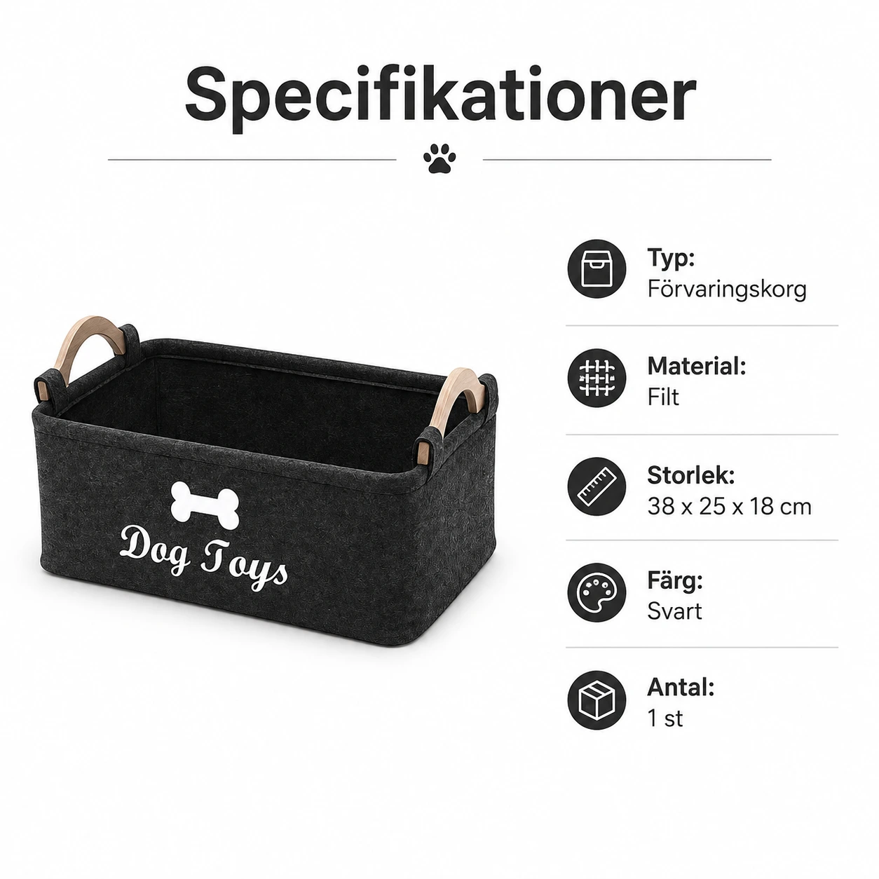 Förvaringskorg för hundleksaker i filt 38 x 25 x 18 cm