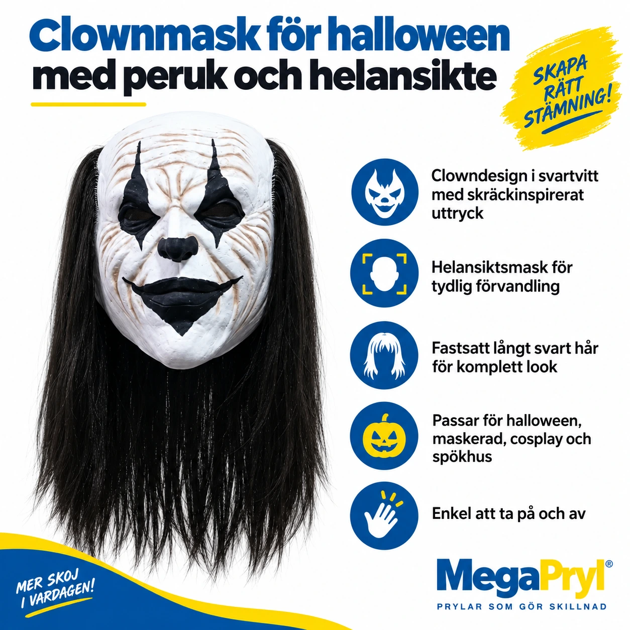 Clownmask för halloween med peruk och helansikte