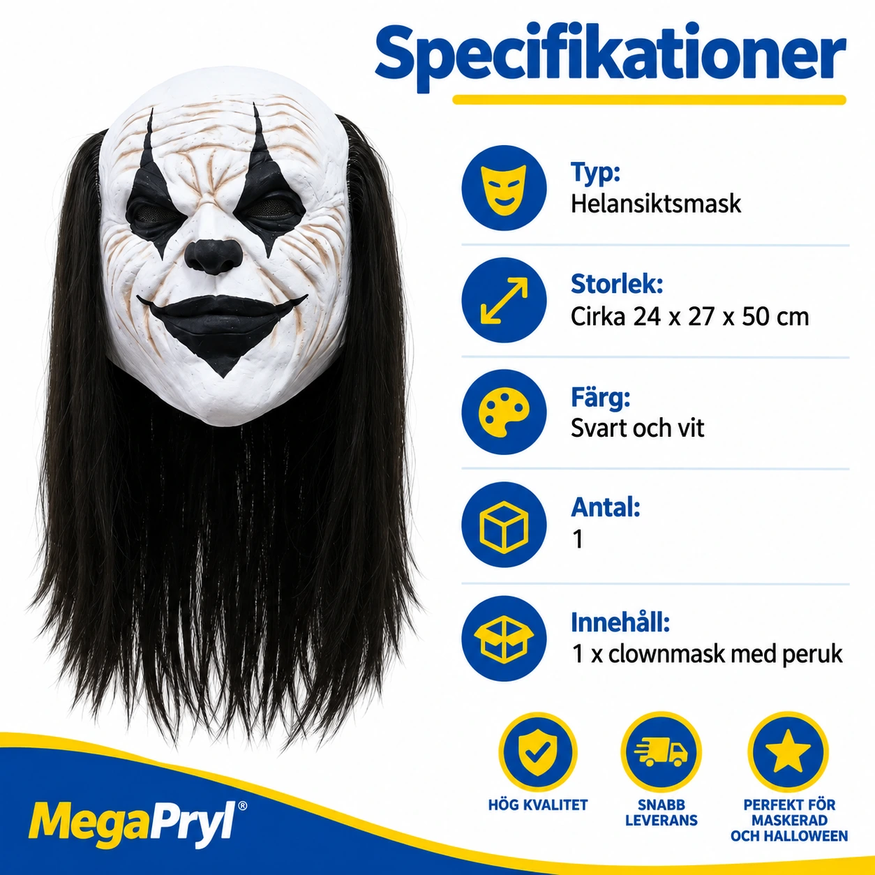 Clownmask för halloween med peruk och helansikte