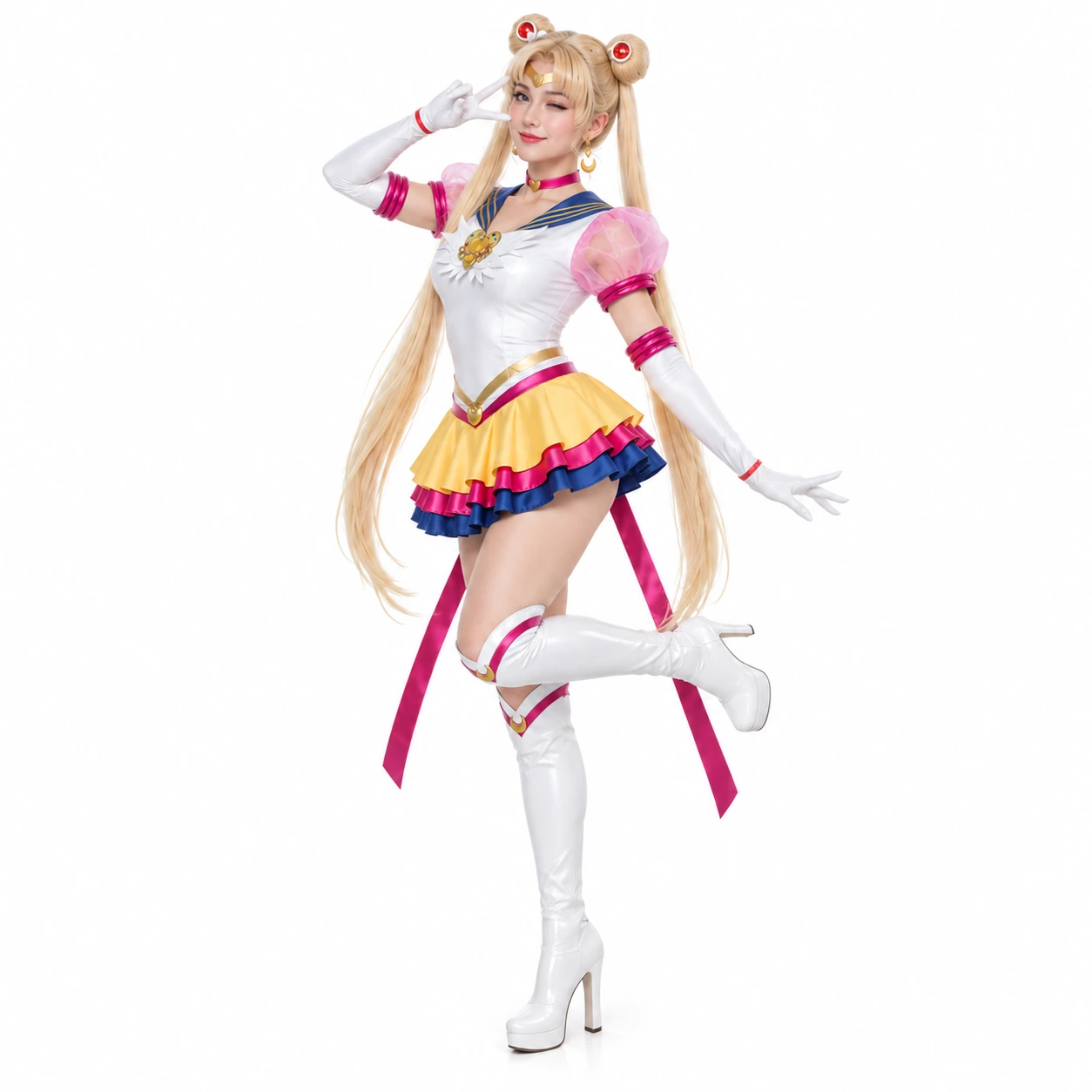 Valkoinen ja vaaleanpunainen cosplaymekko siivillä ja asusteilla