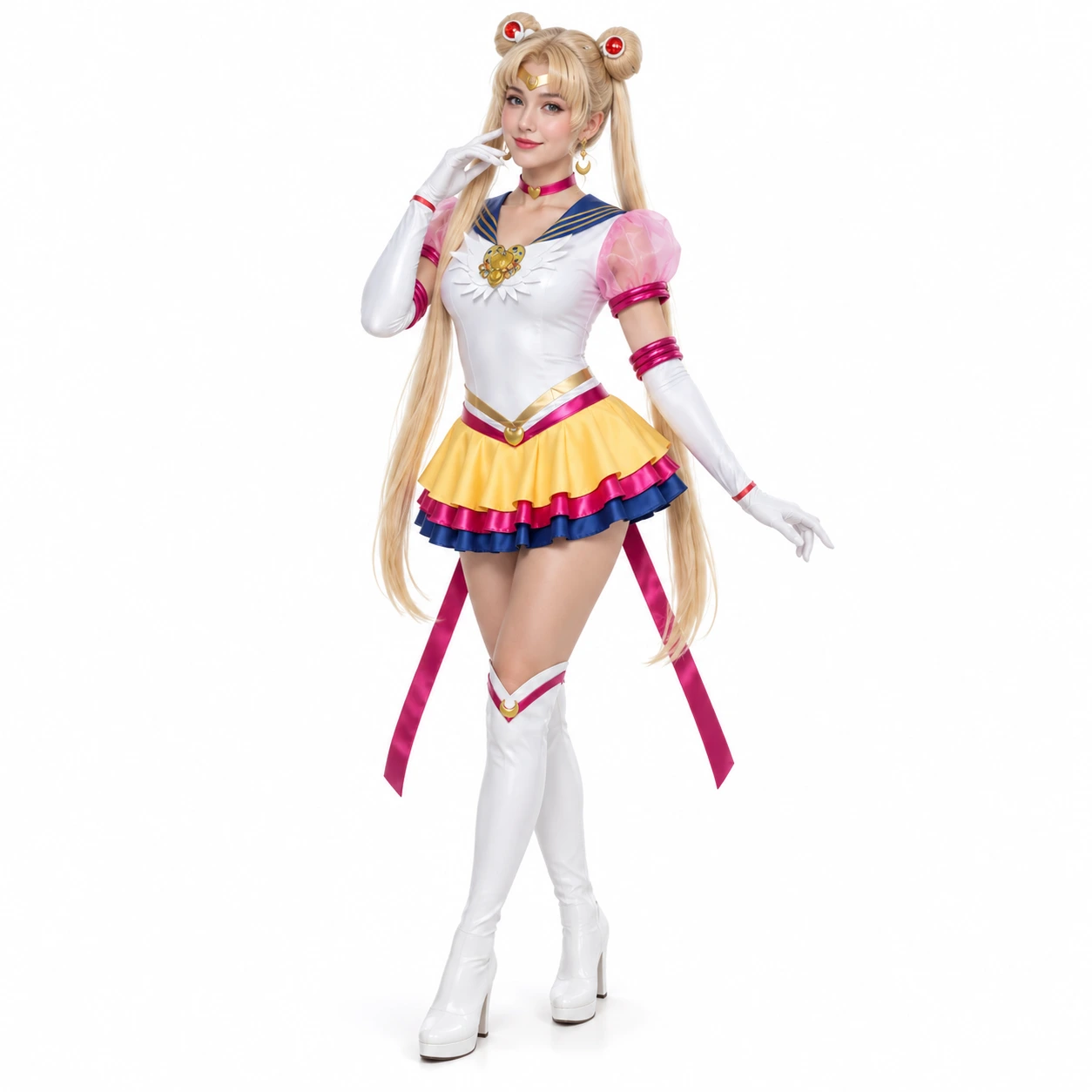 Valkoinen ja vaaleanpunainen cosplaymekko siivillä ja asusteilla