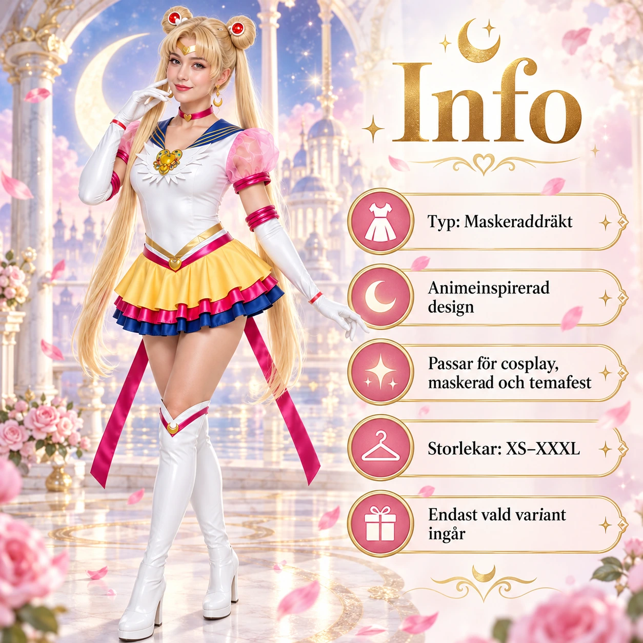 Valkoinen ja vaaleanpunainen cosplaymekko siivillä ja asusteilla