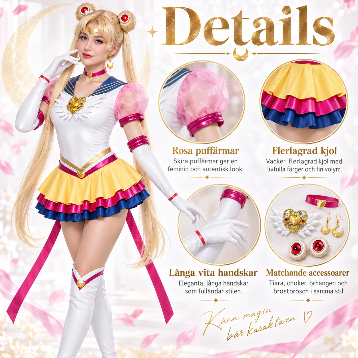 Valkoinen ja vaaleanpunainen cosplaymekko siivillä ja asusteilla