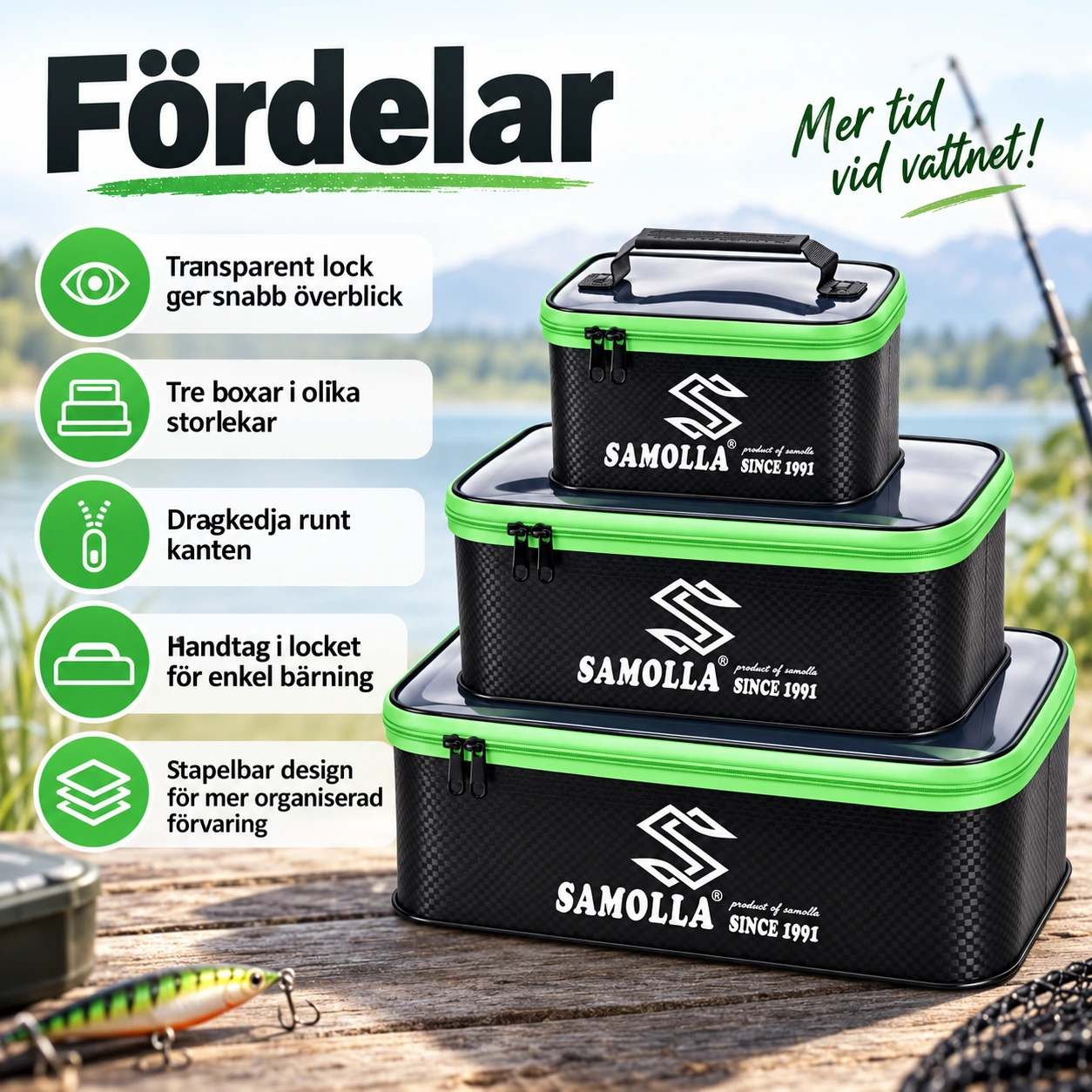 Förvaringsset för fiskeredskap med transparent lock