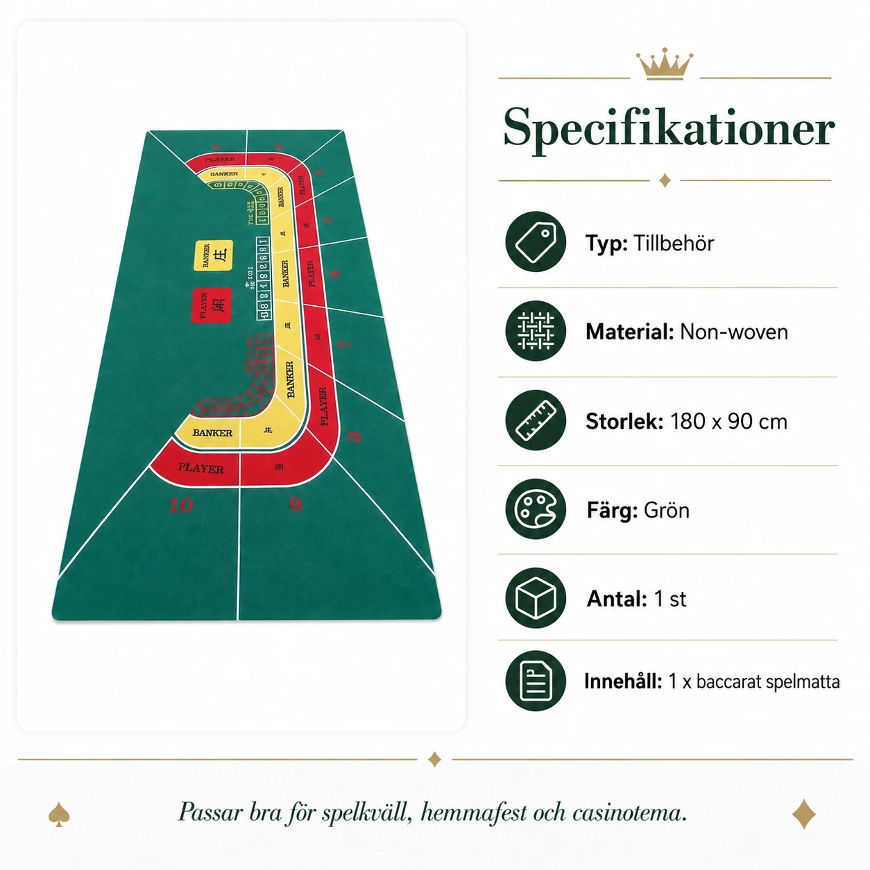 Baccarat spelmatta för bord i grön non-woven 180x90 cm