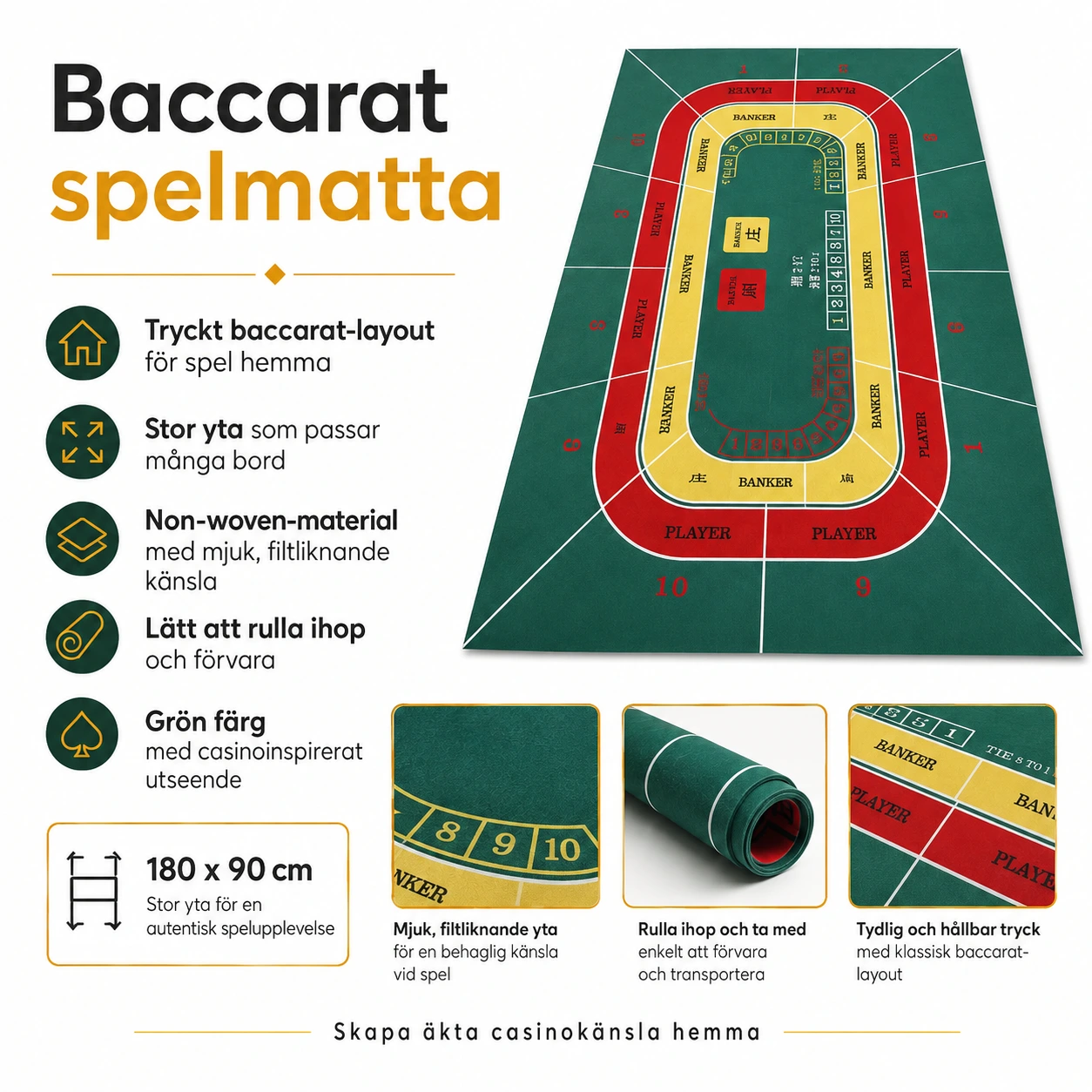 Baccarat spelmatta för bord i grön non-woven 180x90 cm