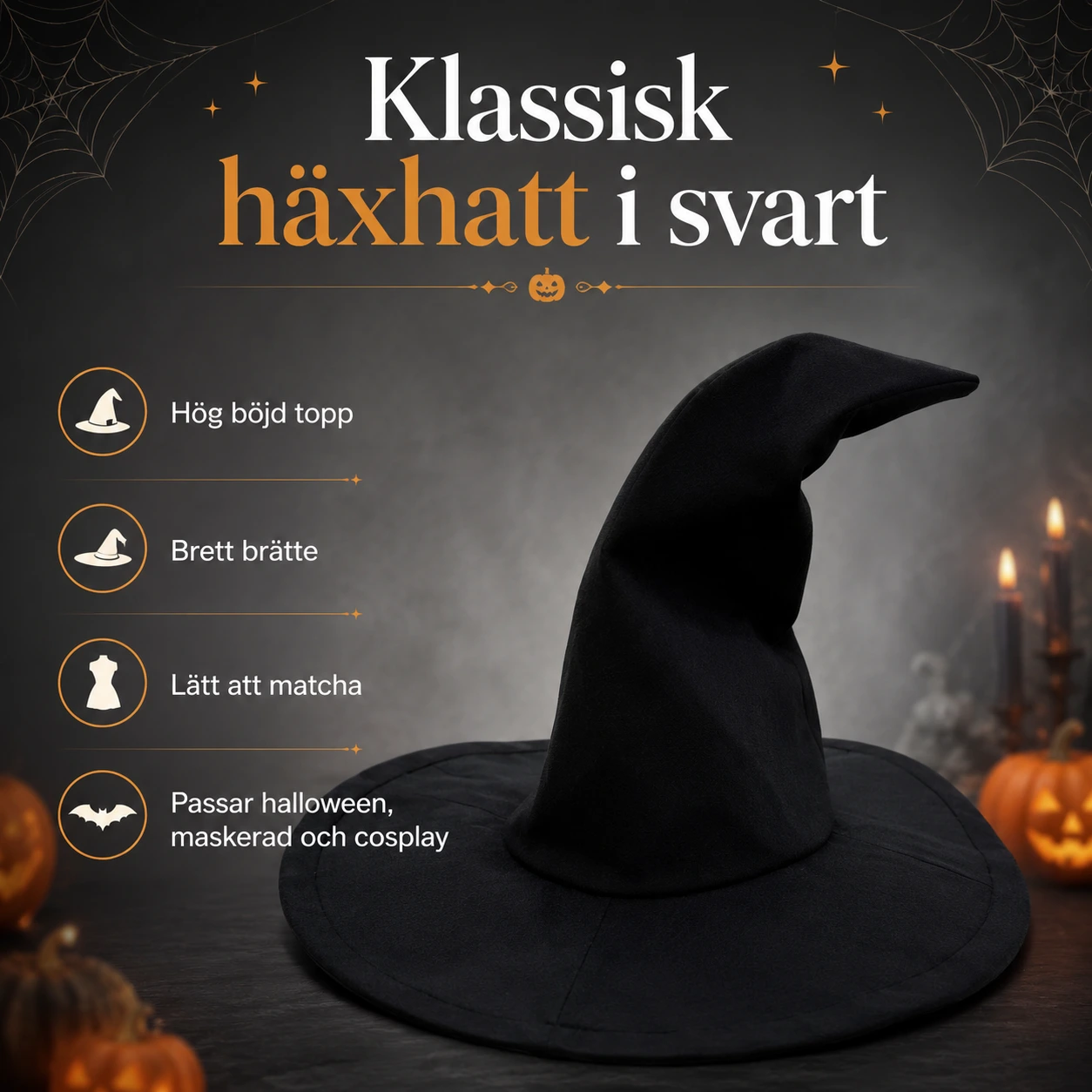 Häxhatt för halloween och maskerad i svart