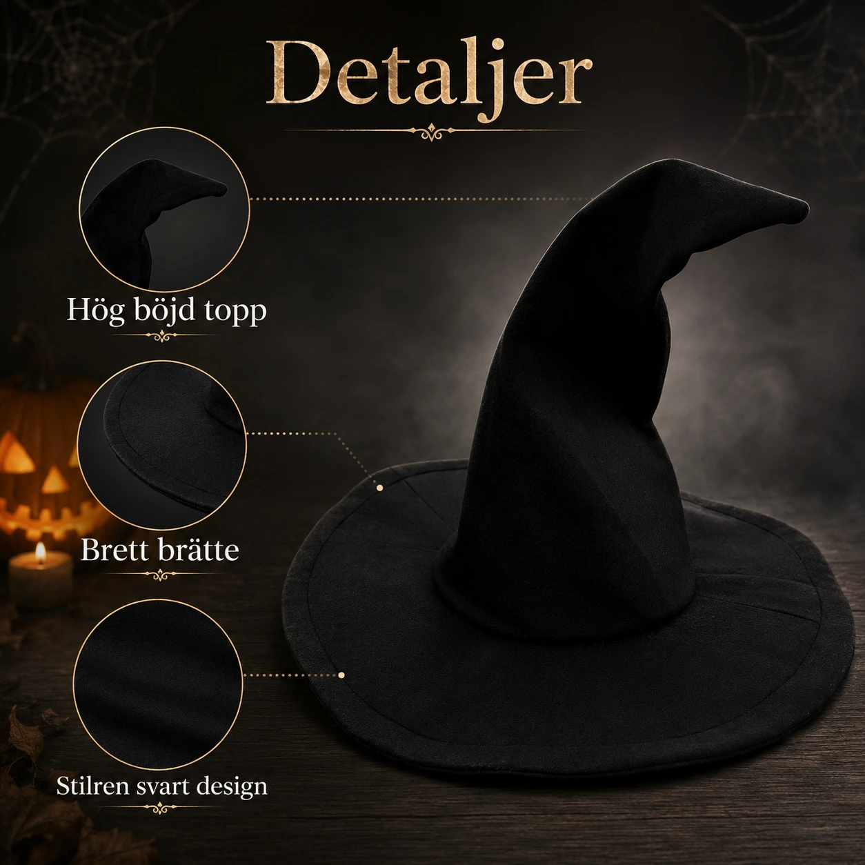 Häxhatt för halloween och maskerad i svart