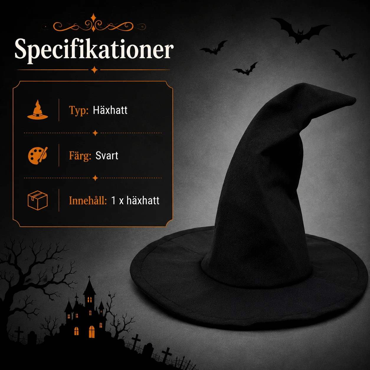 Häxhatt för halloween och maskerad i svart