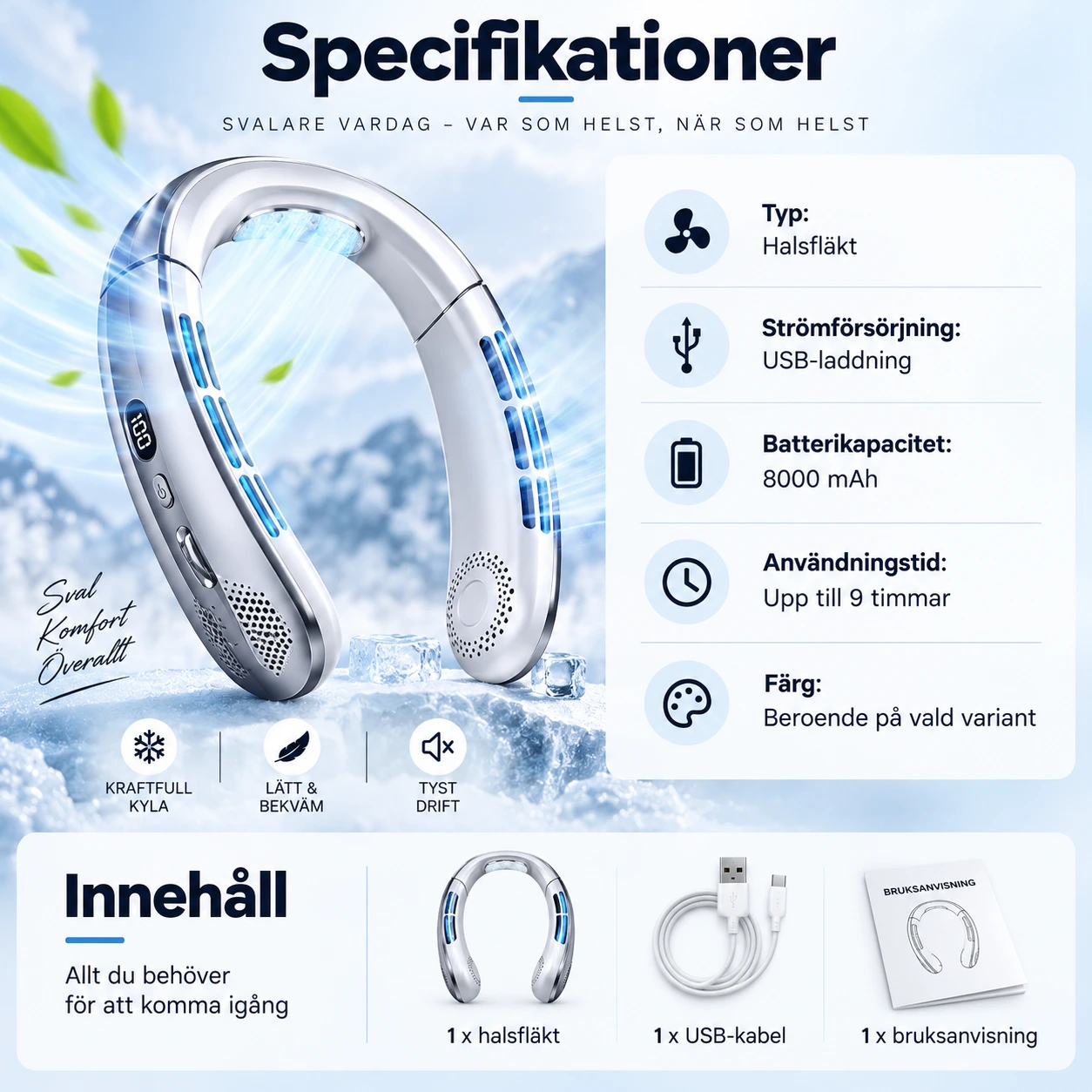 Ladattava kaulatuuletin LED-näytöllä