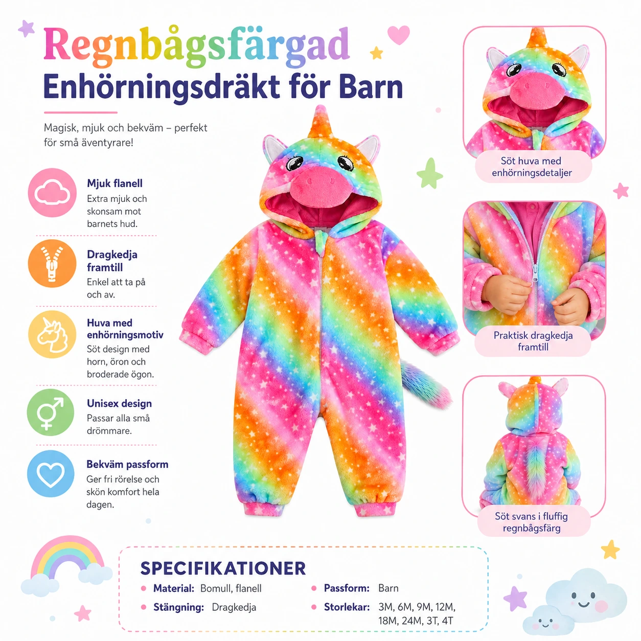 Enhörningsdräkt Färgglad Barn – Mjuk Regnbågsoverall med Huva