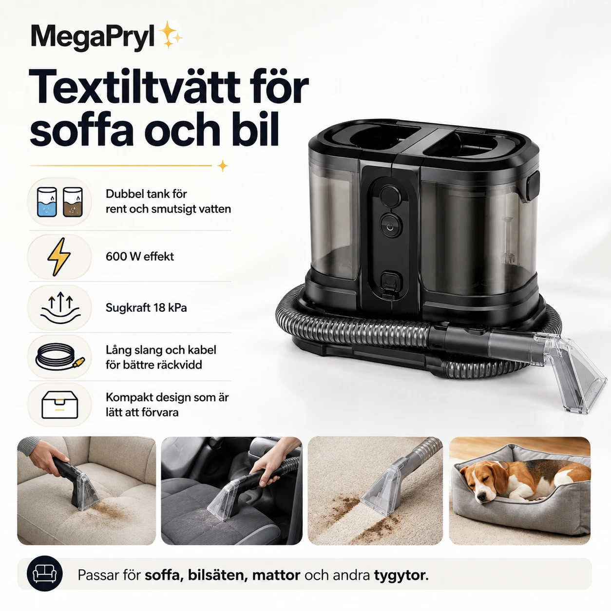 Textiltvätt för soffa och bil med dubbel tank