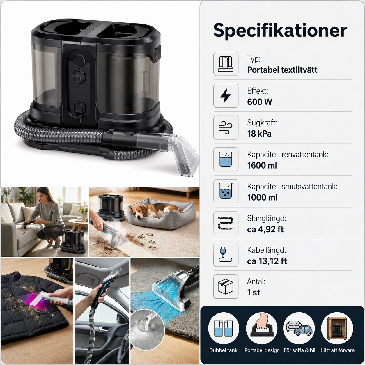 Textiltvätt för soffa och bil med dubbel tank