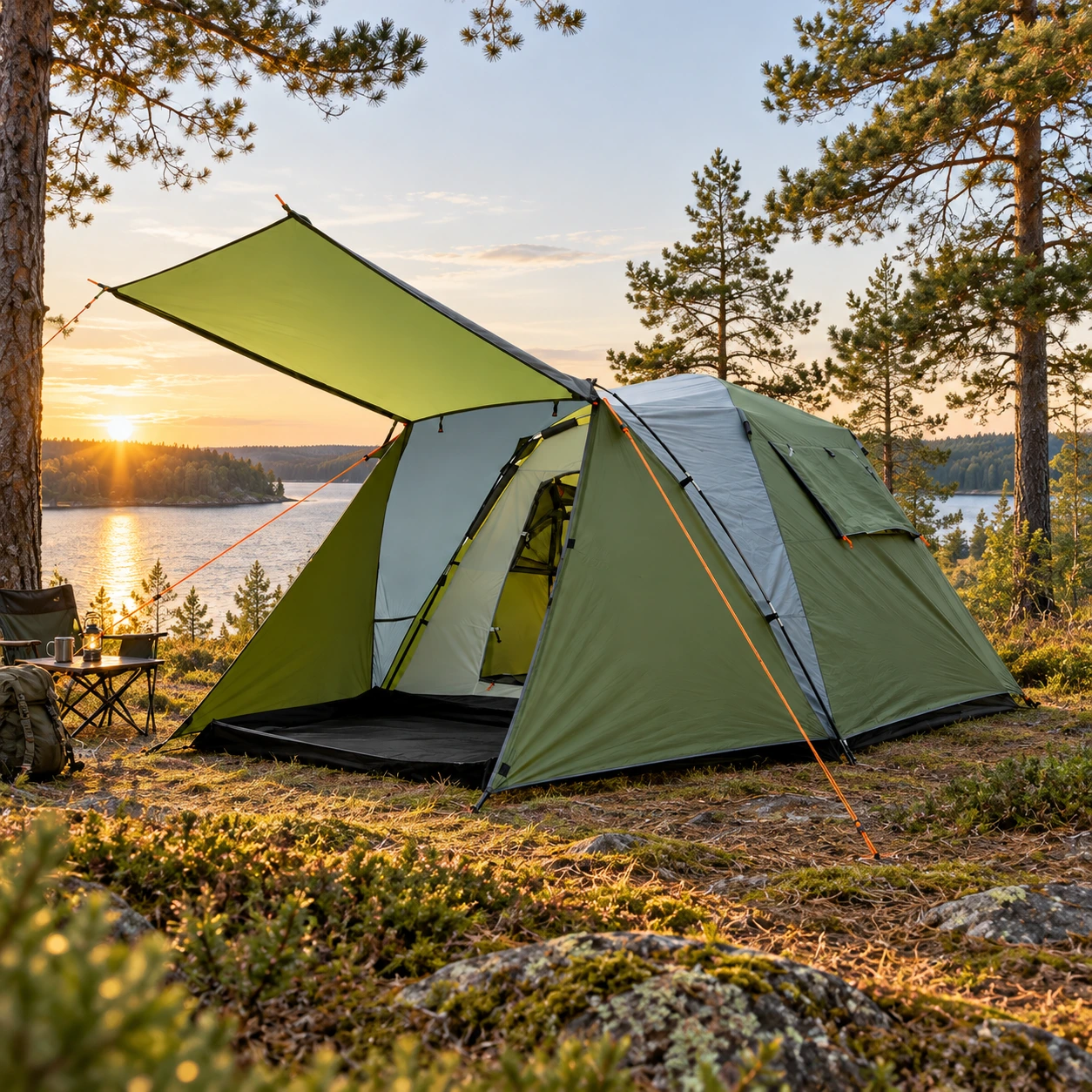 Kaksikerroksinen retkiteltta eteistilalla, 2–4 henkilöä