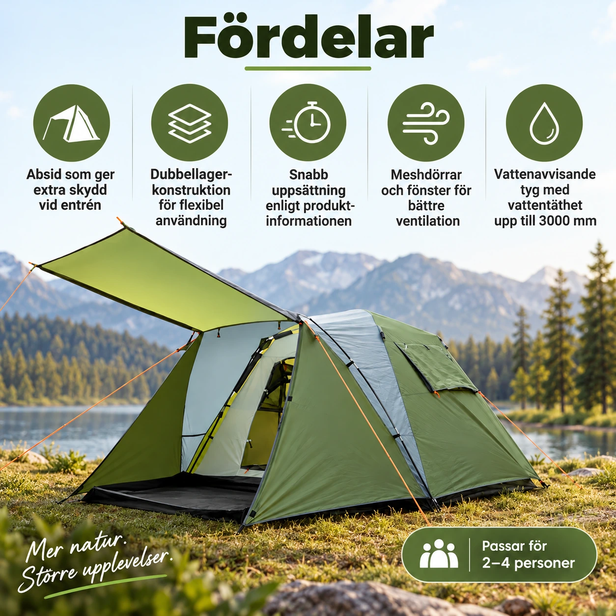 Campingtält med absid för 2–4 personer, dubbelvägg