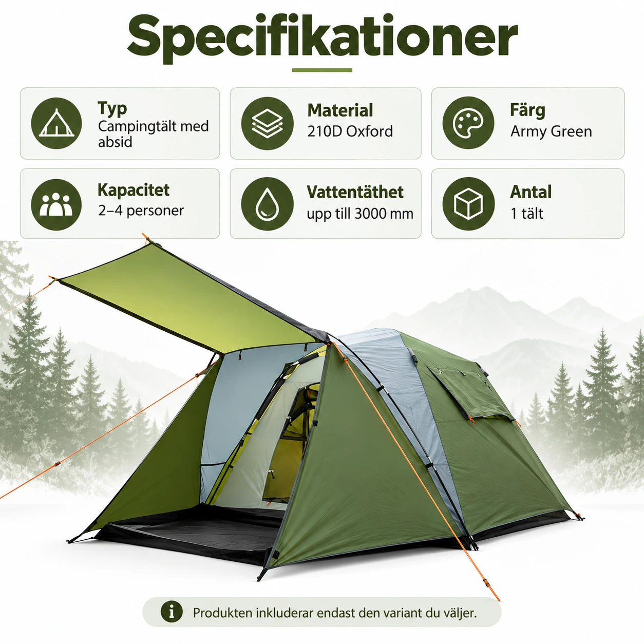 Campingtält med absid för 2–4 personer, dubbelvägg