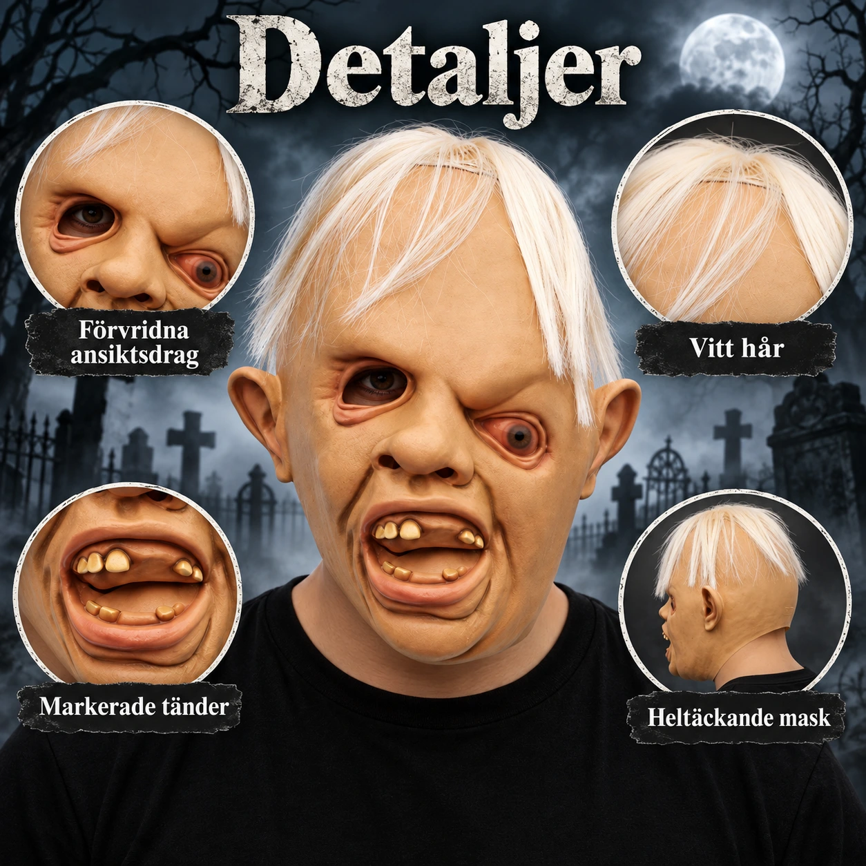Mask zombie i latex med vitt hår