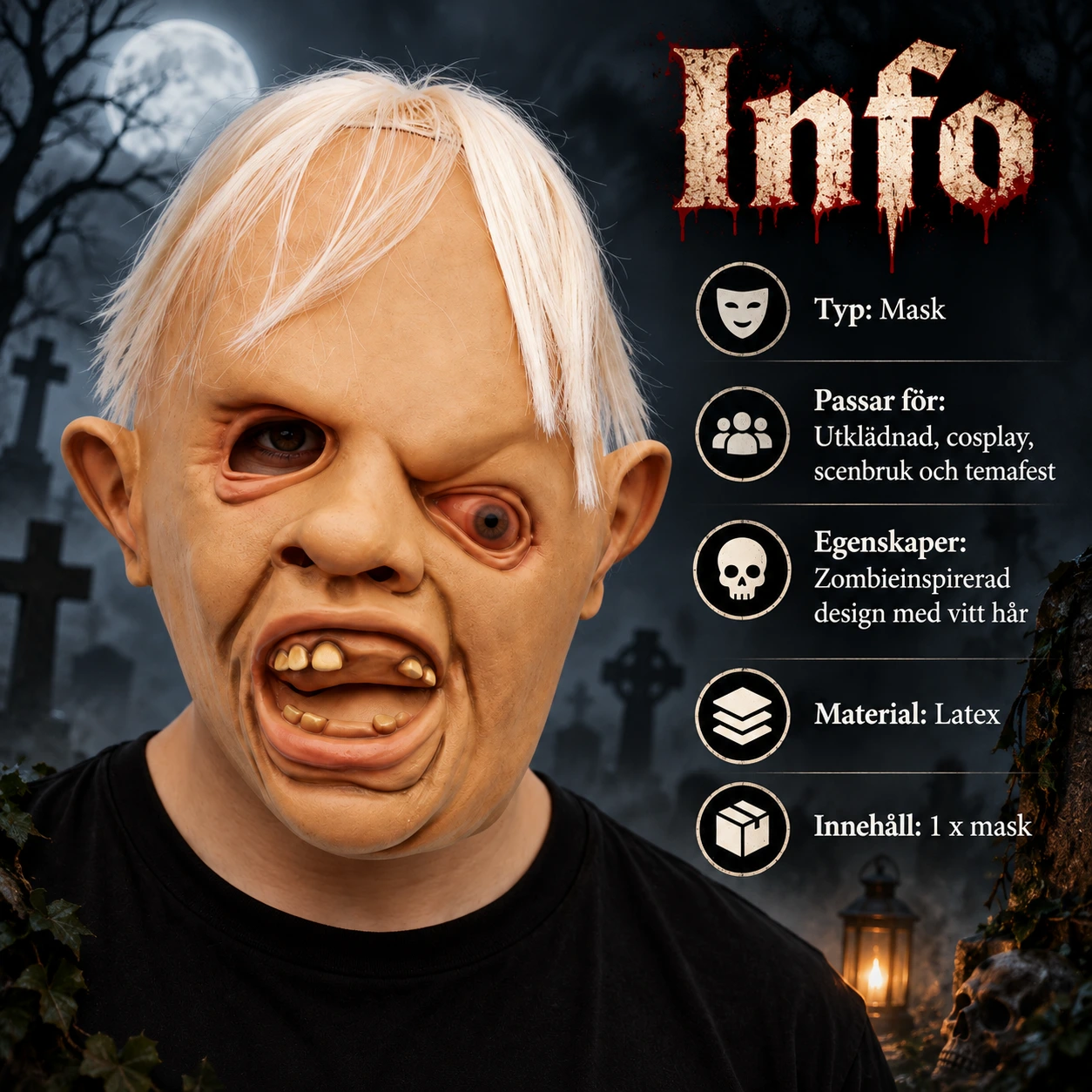 Mask zombie i latex med vitt hår