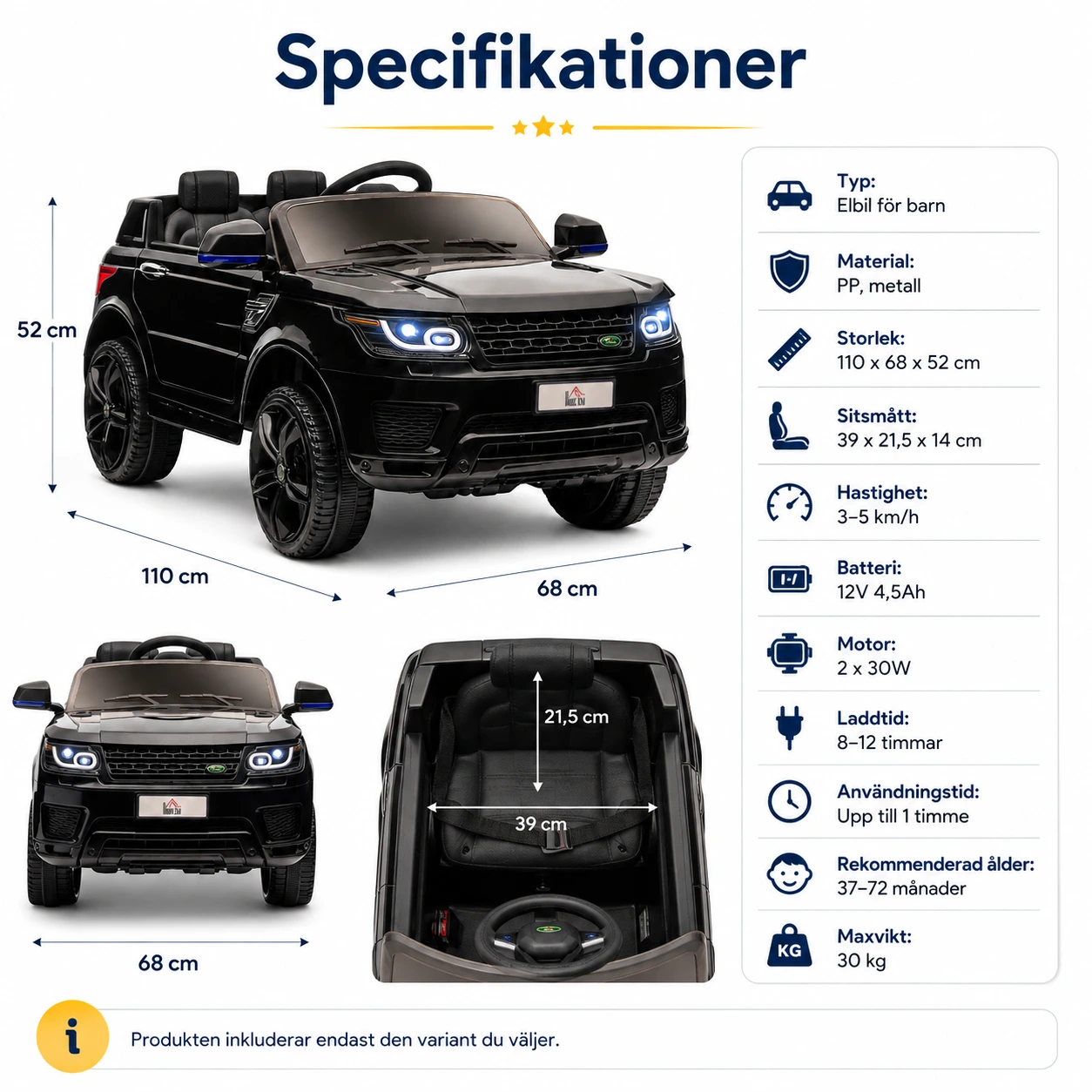 Elbil för barn med fjärrkontroll och 2 motorer