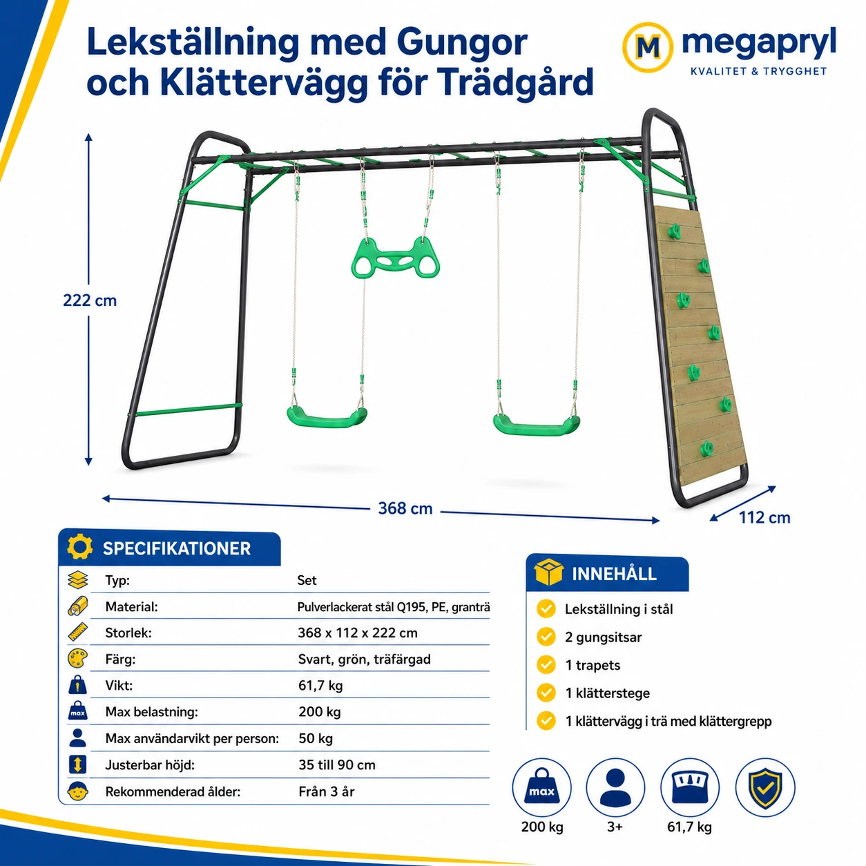 Lekställning med Gungor och Klättervägg för Trädgård