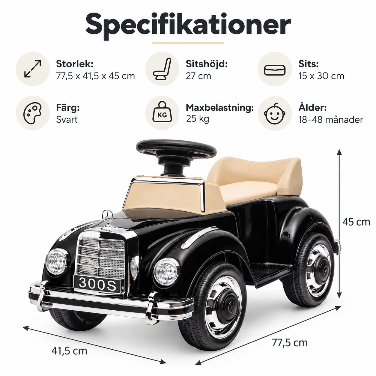 Sparkbil för barn med förvaring, svart