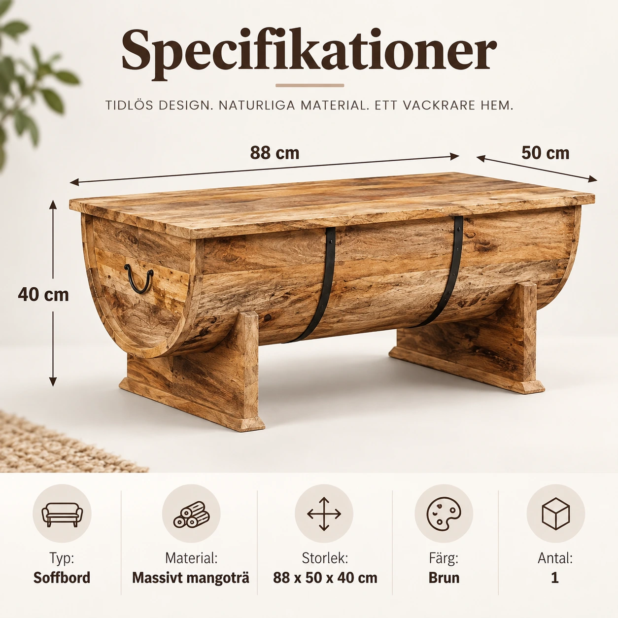 Mangopuinen sohvapöytä säilytystilalla