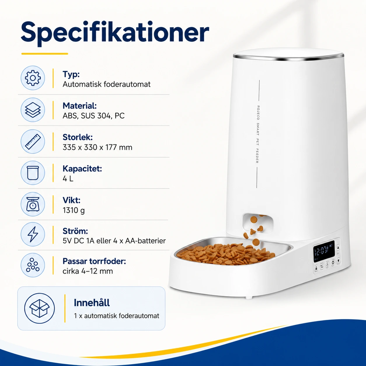 Automatisk foderautomat för katt och hund 4L med skål