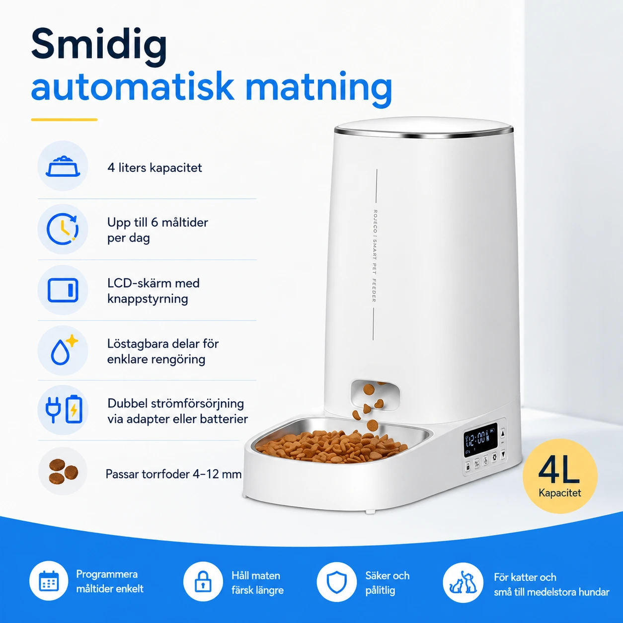 Automatisk foderautomat för katt och hund 4L med skål