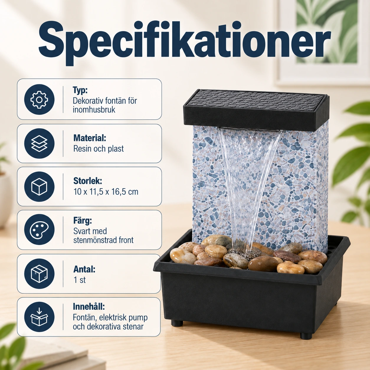 Bordsfontän för inomhusbruk med kontinuerligt vattenflöde