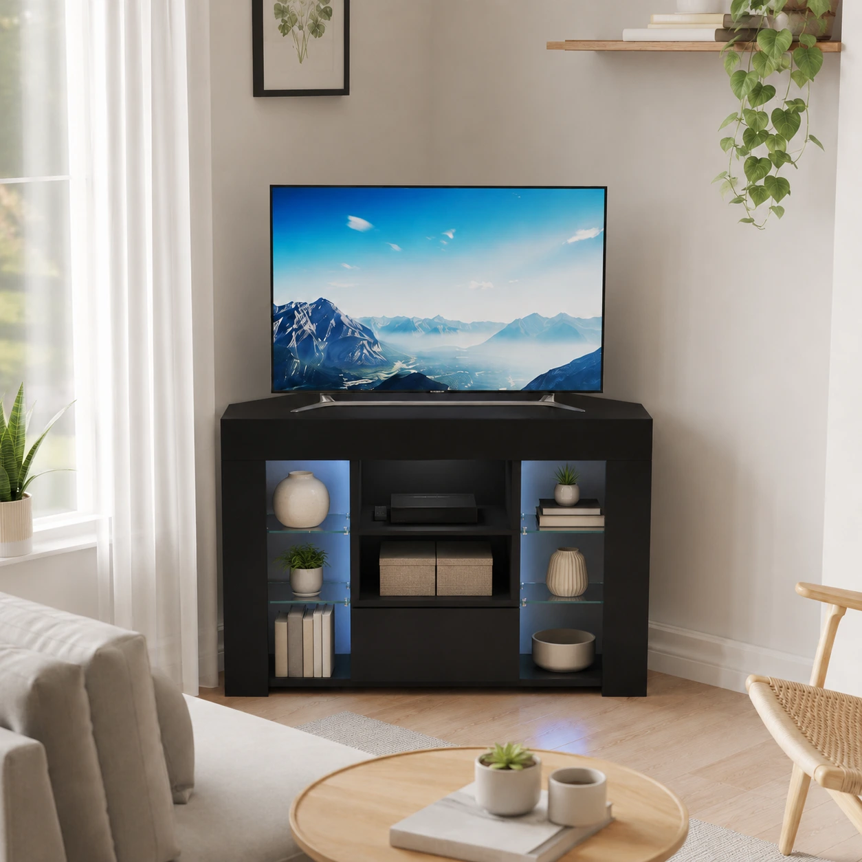 TV-bänk för hörn med LED-belysning och förvaring