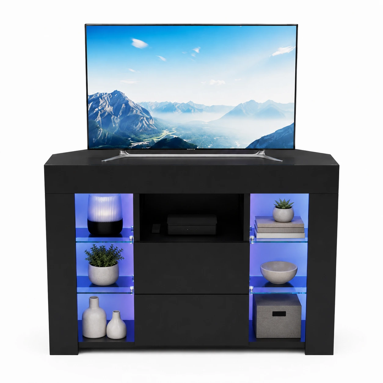 TV-bänk för hörn med LED-belysning och förvaring