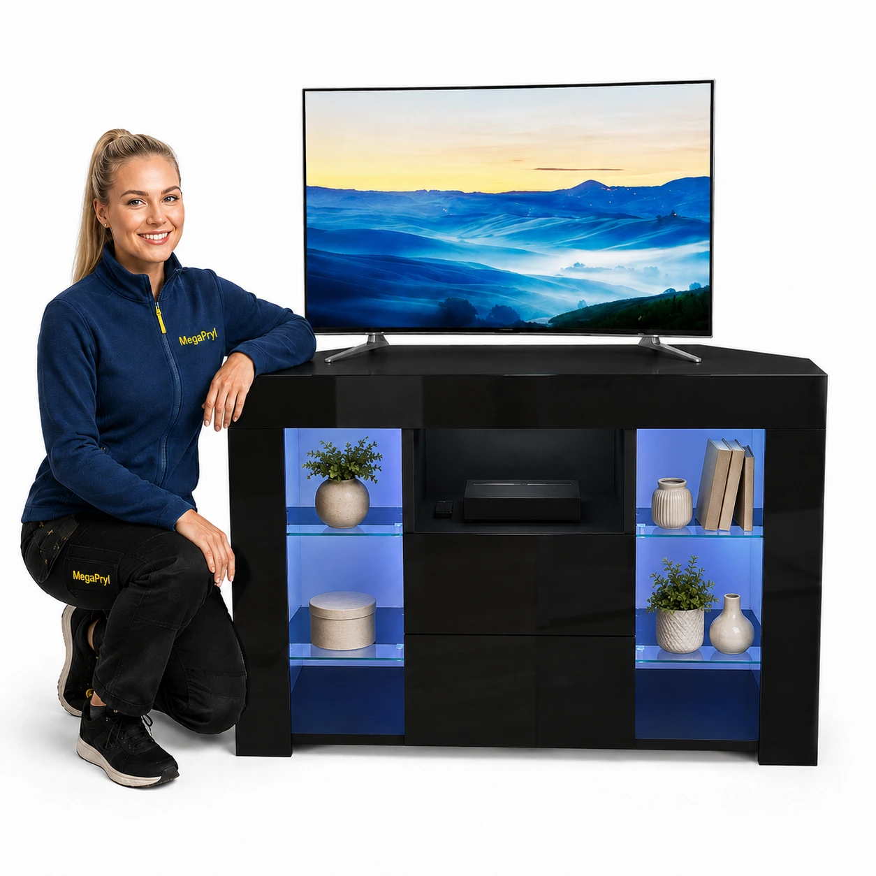 TV-bänk för hörn med LED-belysning och förvaring