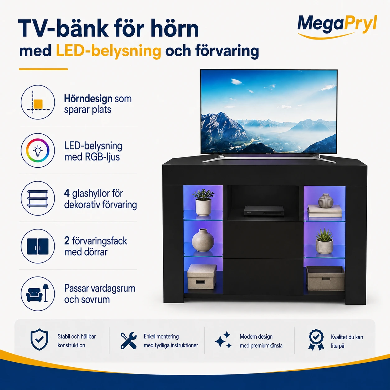 TV-bänk för hörn med LED-belysning och förvaring