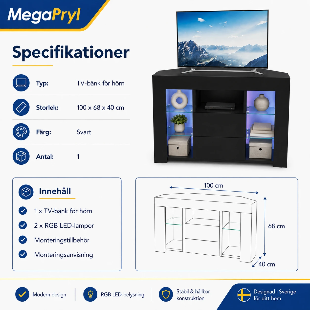 TV-bänk för hörn med LED-belysning och förvaring